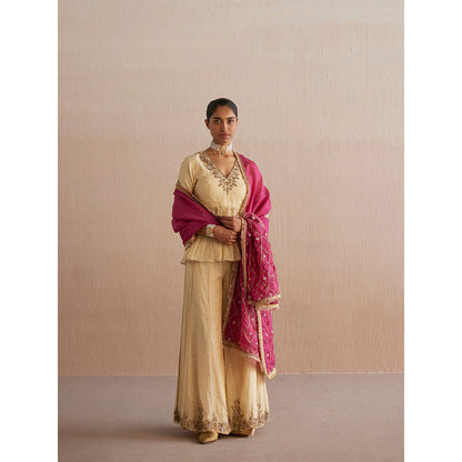 WeaverStory Izhaar Off White Cotton Tissue Kurti with Sharara (Set of 2)