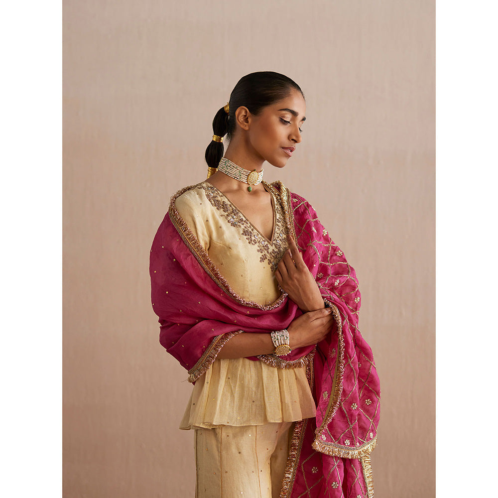 WeaverStory Izhaar Off White Cotton Tissue Kurti with Sharara (Set of 2)