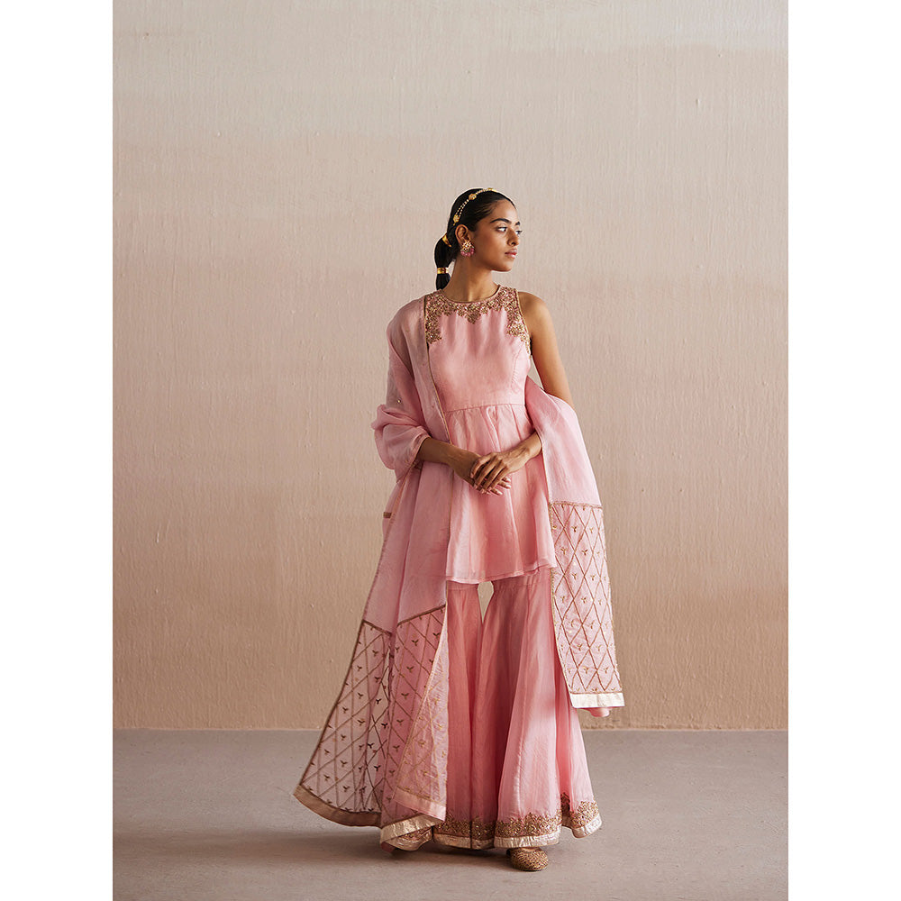 WeaverStory Afsana Baby Pink Organza Top with Gharara and Organza Dupatta (Set of 3)