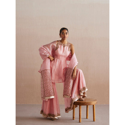 WeaverStory Afsana Baby Pink Organza Top with Gharara and Organza Dupatta (Set of 3)