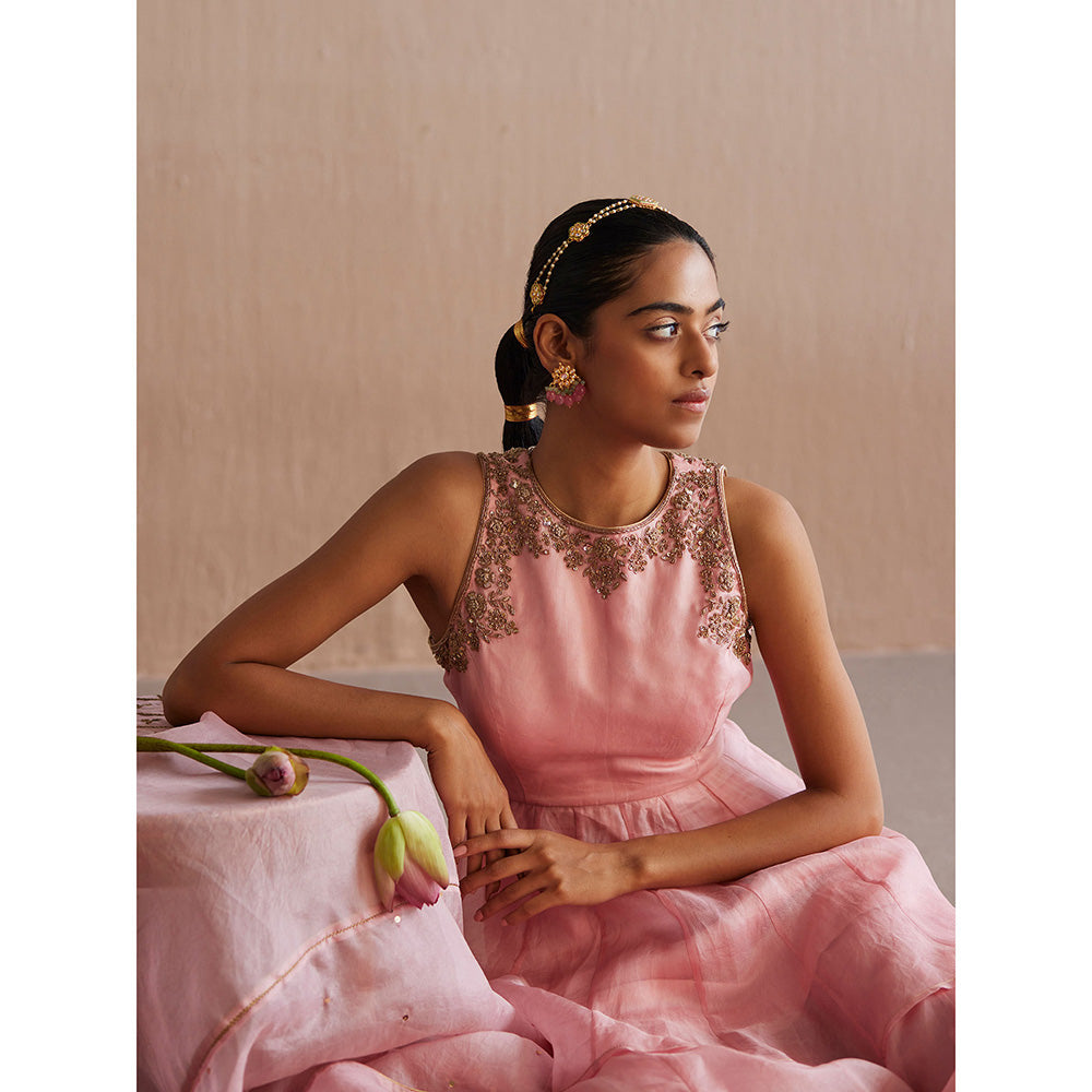 WeaverStory Afsana Baby Pink Organza Top with Gharara and Organza Dupatta (Set of 3)