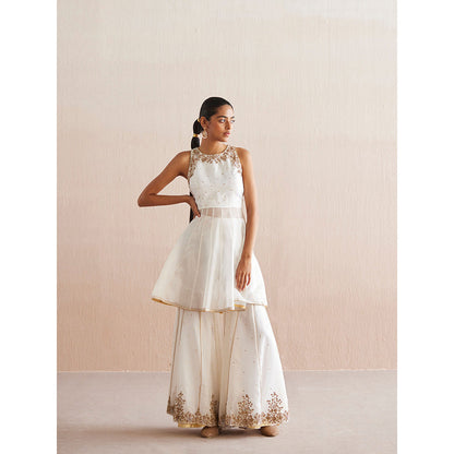WeaverStory Afsana White Organza Top with Gharara (Set of 2)