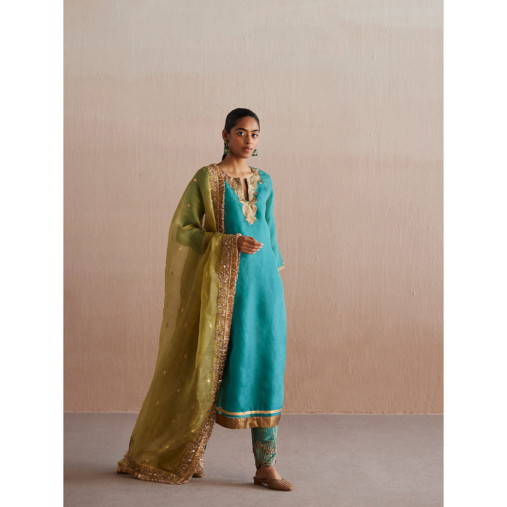 WeaverStory Meheroo Sea Blue Organza Kurta with Tissue Pant and Dupatta (Set of 3)