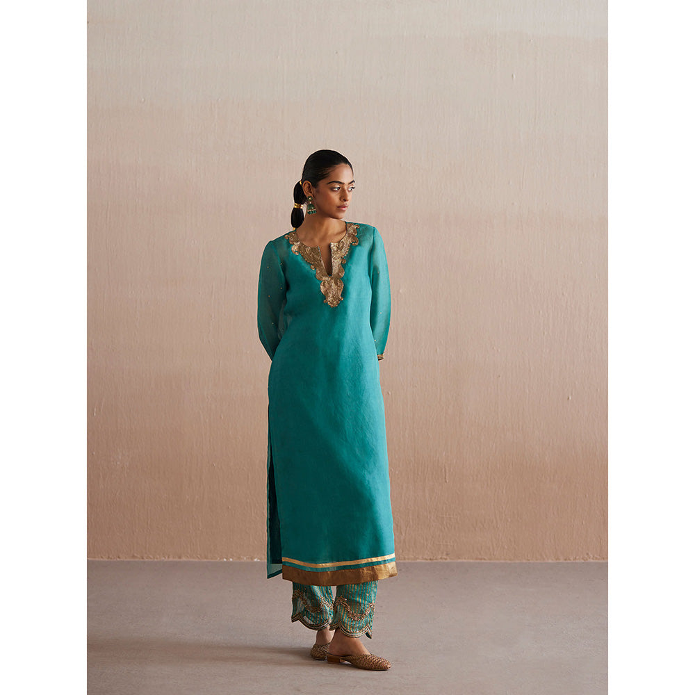 WeaverStory Meheroo Sea Blue Organza Kurta with Tissue Pant and Dupatta (Set of 3)