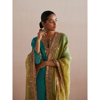 WeaverStory Meheroo Sea Blue Organza Kurta with Tissue Pant and Dupatta (Set of 3)