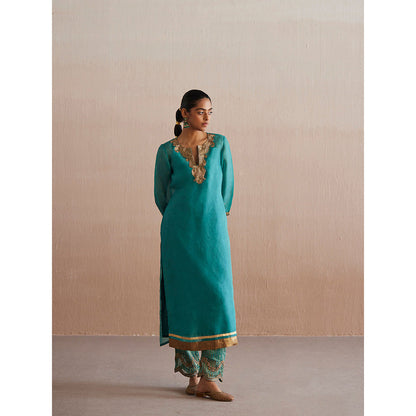 WeaverStory Meheroo Sea Blue Organza Kurta with Tissue Pant (Set of 2)