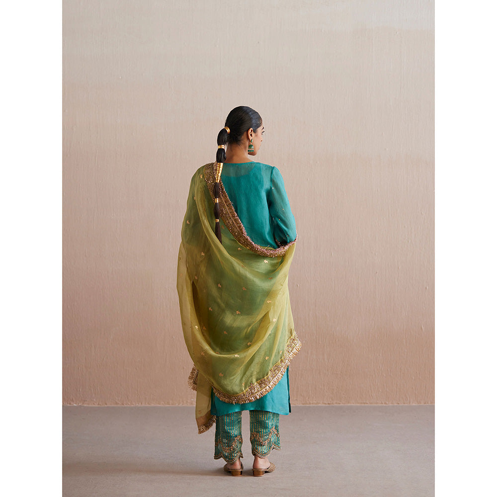 WeaverStory Meheroo Sea Blue Organza Kurta with Tissue Pant (Set of 2)