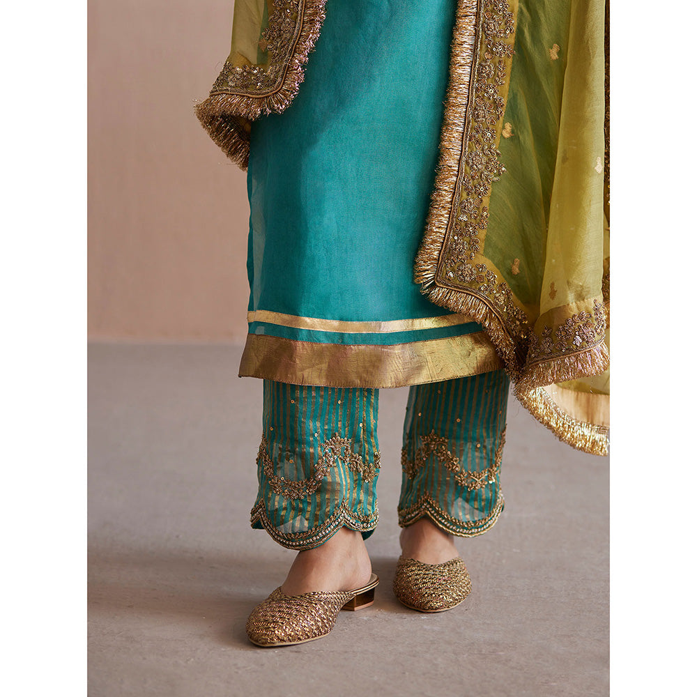 WeaverStory Meheroo Sea Blue Organza Kurta with Tissue Pant (Set of 2)