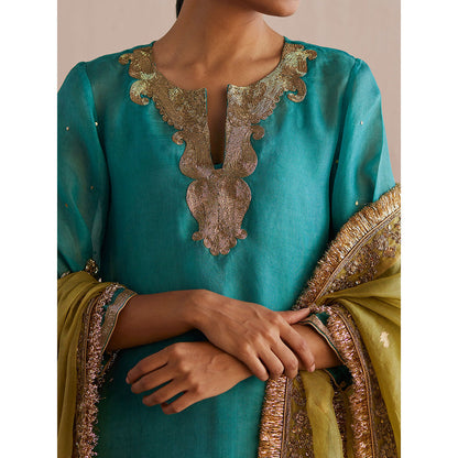 WeaverStory Meheroo Sea Blue Organza Kurta with Tissue Pant (Set of 2)