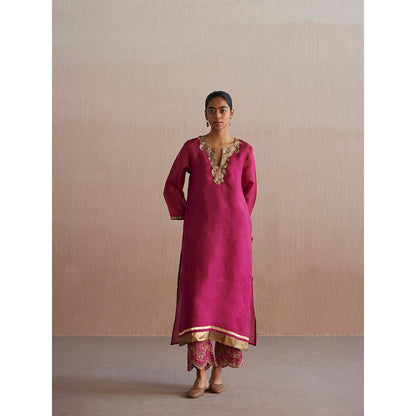 WeaverStory Meheroo Rani Pink Organza Kurta with Cotton Chanderi Pant and Dupatta (Set of 3)