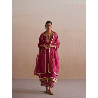 WeaverStory Meheroo Rani Pink Organza Kurta with Cotton Chanderi Pant and Dupatta (Set of 3)