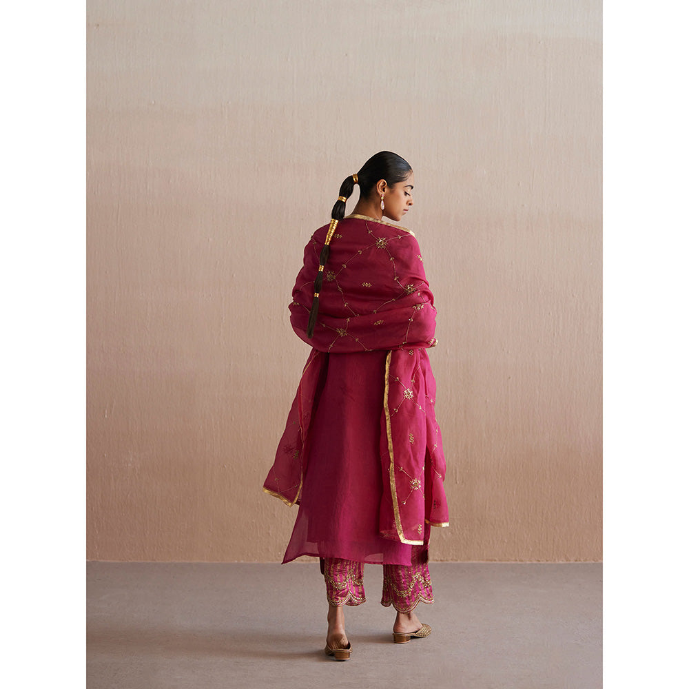 WeaverStory Meheroo Rani Pink Organza Kurta with Cotton Chanderi Pant and Dupatta (Set of 3)