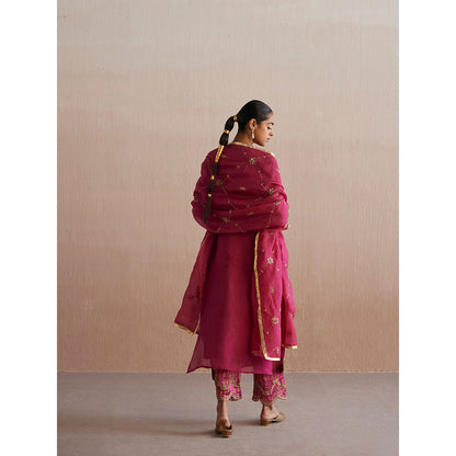 WeaverStory Meheroo Rani Pink Organza Kurta with Cotton Chanderi Pant and Dupatta (Set of 3)