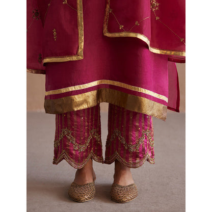 WeaverStory Meheroo Rani Pink Organza Kurta with Cotton Chanderi Pant and Dupatta (Set of 3)