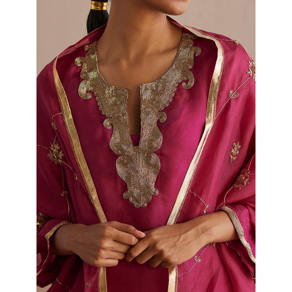WeaverStory Meheroo Rani Pink Organza Kurta with Cotton Chanderi Pant and Dupatta (Set of 3)