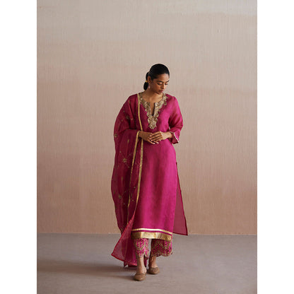 WeaverStory Meheroo Rani Pink Organza Kurta with Cotton Chanderi Pant (Set of 2)