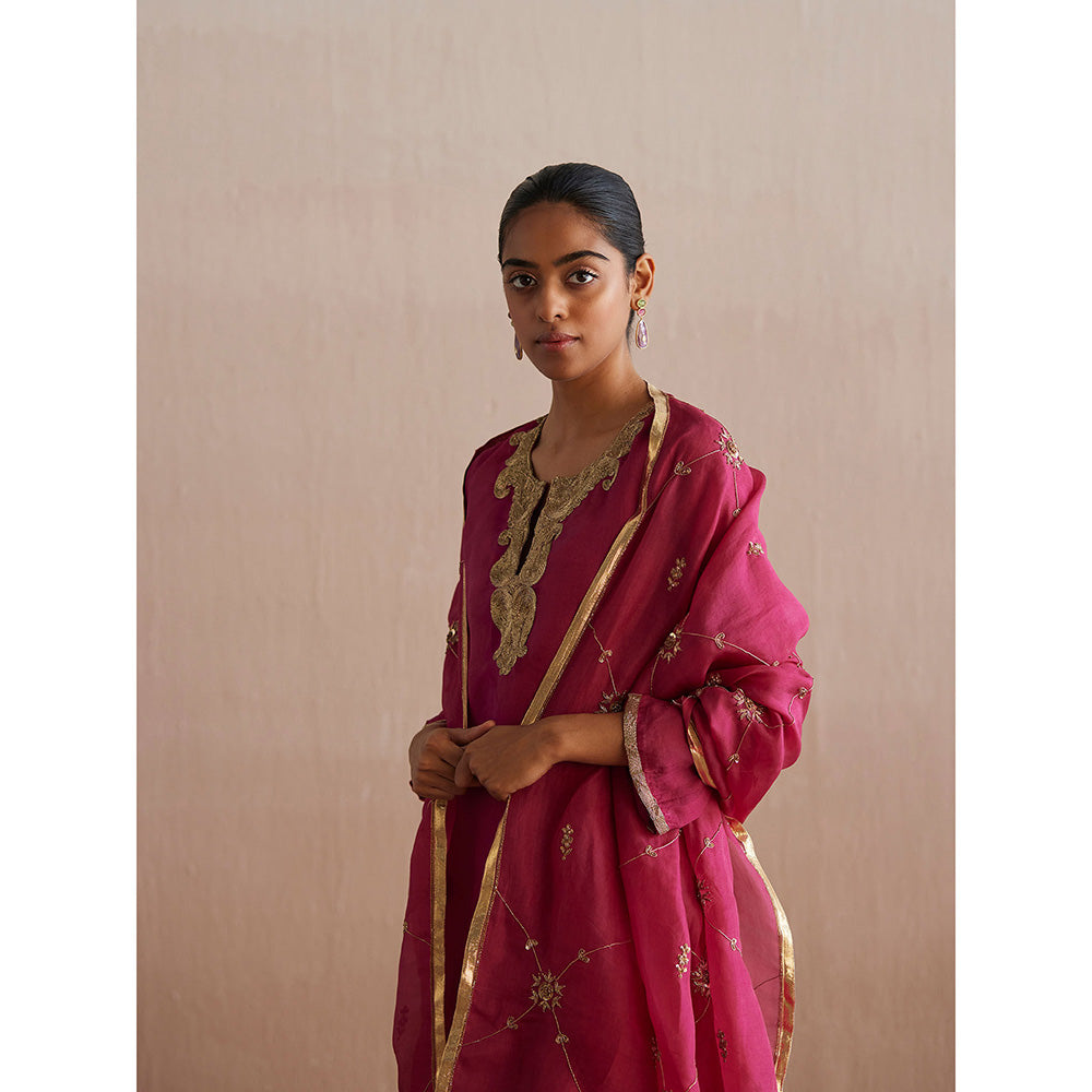 WeaverStory Meheroo Rani Pink Organza Kurta with Cotton Chanderi Pant (Set of 2)