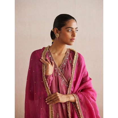 WeaverStory Mahjabeen Rani Pink Tissue Angarkha with Pant and Organza Dupatta (Set of 3)