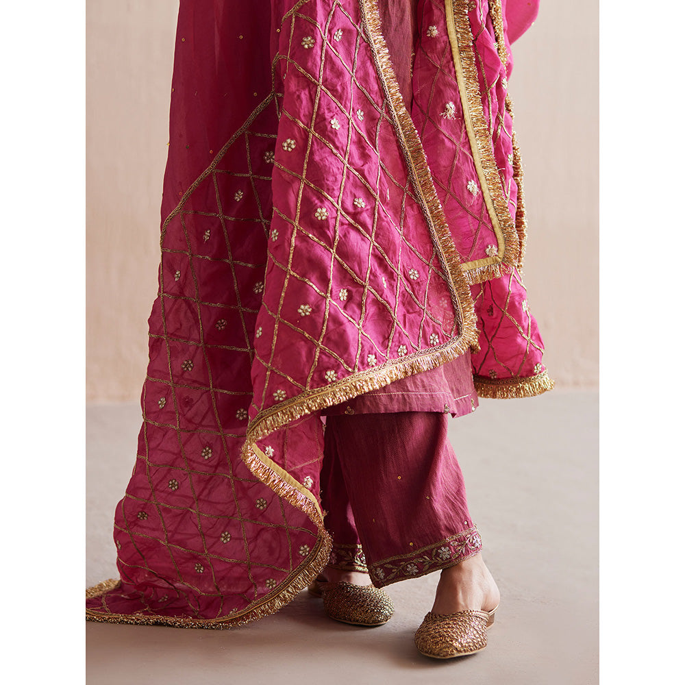 WeaverStory Mahjabeen Rani Pink Tissue Angarkha with Pant and Organza Dupatta (Set of 3)
