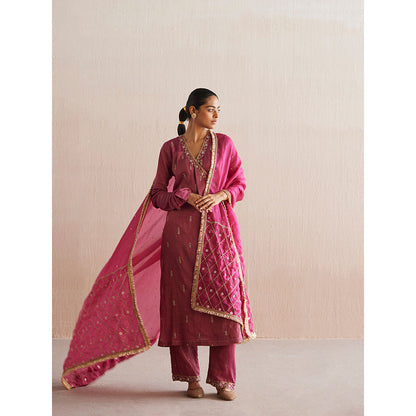 WeaverStory Mahjabeen Rani Pink Tissue Angarkha with Pant and Organza Dupatta (Set of 3)