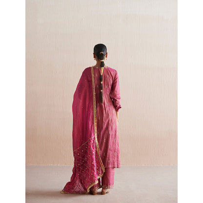 WeaverStory Mahjabeen Rani Pink Tissue Angarkha with Pant and Organza Dupatta (Set of 3)
