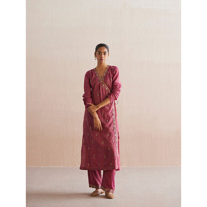 WeaverStory Mahjabeen Rani Pink Tissue Angarkha with Pant (Set of 2)