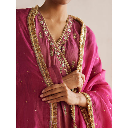 WeaverStory Mahjabeen Rani Pink Tissue Angarkha with Pant (Set of 2)