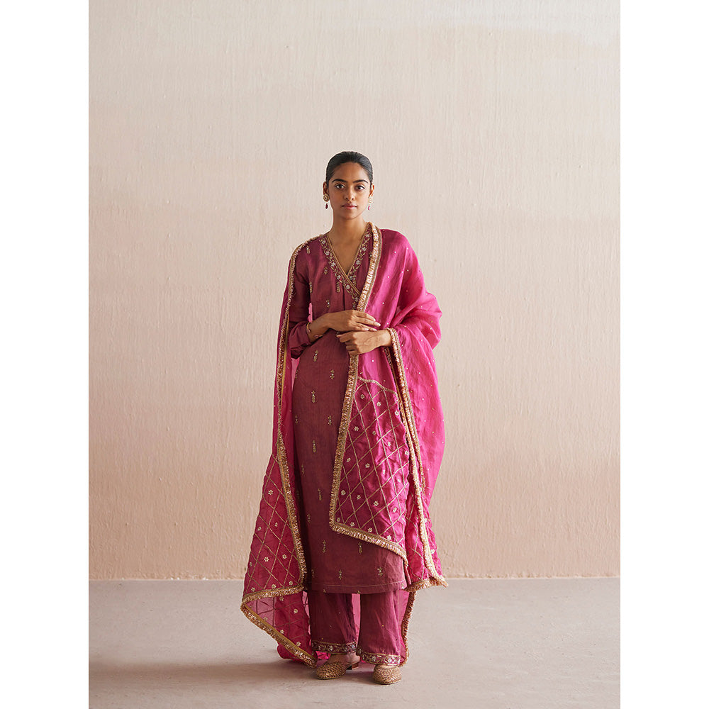 WeaverStory Mahjabeen Rani Pink Tissue Angarkha with Pant (Set of 2)