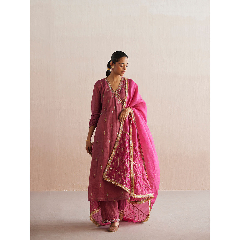 WeaverStory Mahjabeen Rani Pink Tissue Angarkha with Pant (Set of 2)