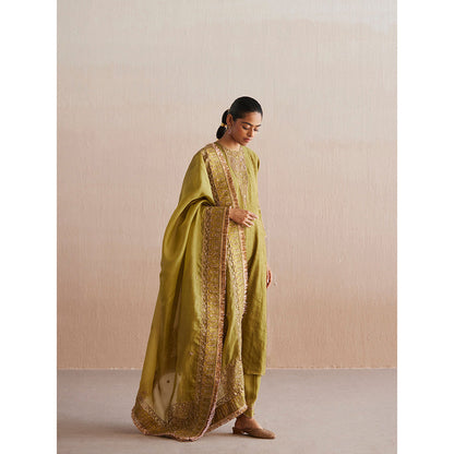 WeaverStory Aayat Chartreuse Green Cotton Tissue Kurta with Pant and Dupatta (Set of 3)