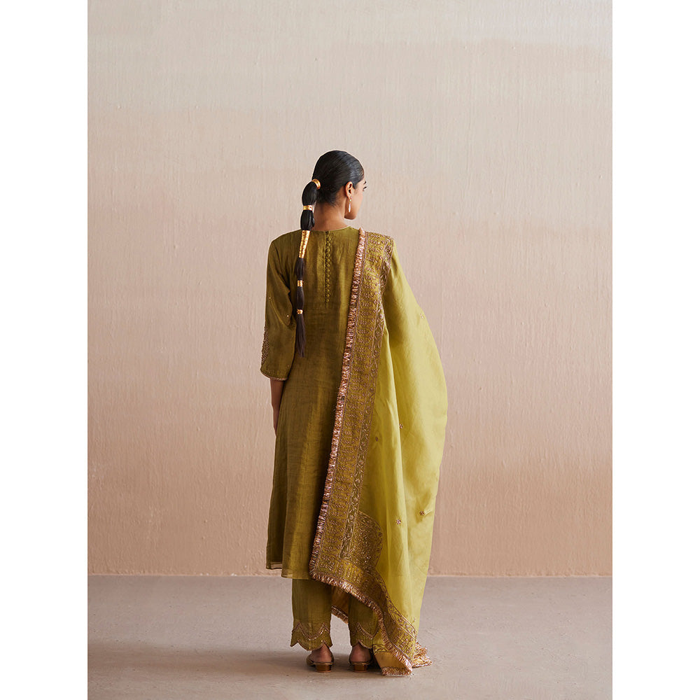 WeaverStory Aayat Chartreuse Green Cotton Tissue Kurta with Pant and Dupatta (Set of 3)