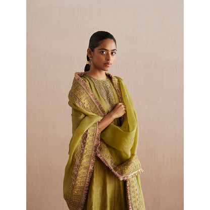 WeaverStory Aayat Chartreuse Green Cotton Tissue Kurta with Pant and Dupatta (Set of 3)