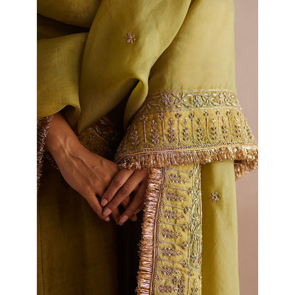 WeaverStory Aayat Chartreuse Green Cotton Tissue Kurta with Pant and Dupatta (Set of 3)