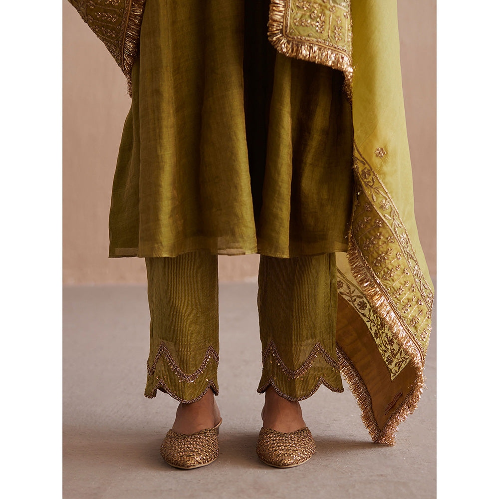 WeaverStory Aayat Chartreuse Green Cotton Tissue Kurta with Pant and Dupatta (Set of 3)