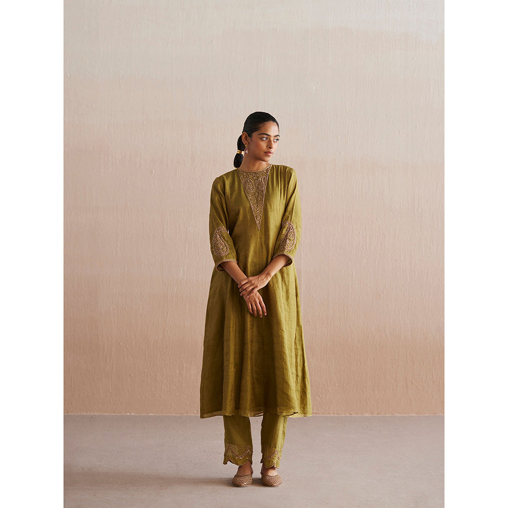 WeaverStory Aayat Chartreuse Green Cotton Tissue Kurta with Pant (Set of 2)