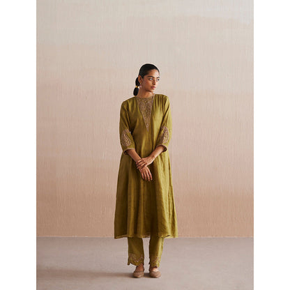 WeaverStory Aayat Chartreuse Green Cotton Tissue Kurta with Pant (Set of 2)