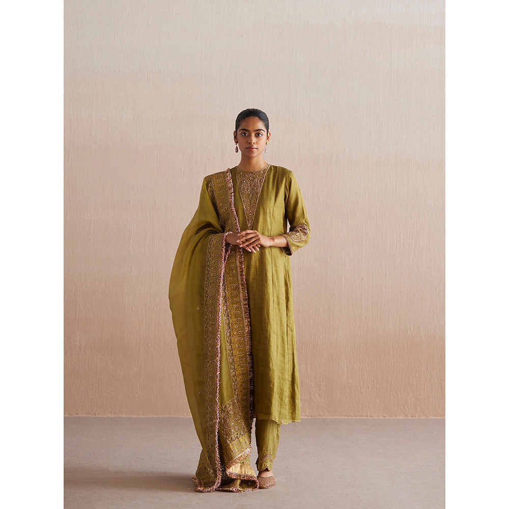 WeaverStory Aayat Chartreuse Green Cotton Tissue Kurta with Pant (Set of 2)