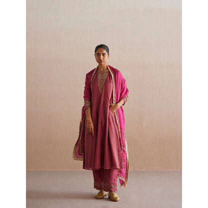 WeaverStory Aayat Rani Pink Cotton Tissue Kurta with Pant and Organza Dupatta (Set of 3)