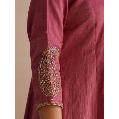 WeaverStory Aayat Rani Pink Cotton Tissue Kurta with Pant and Organza Dupatta (Set of 3)