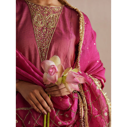 WeaverStory Aayat Rani Pink Cotton Tissue Kurta with Pant and Organza Dupatta (Set of 3)