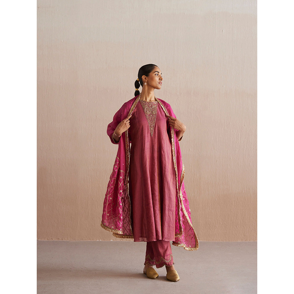 WeaverStory Aayat Rani Pink Cotton Tissue Kurta with Pant and Organza Dupatta (Set of 3)