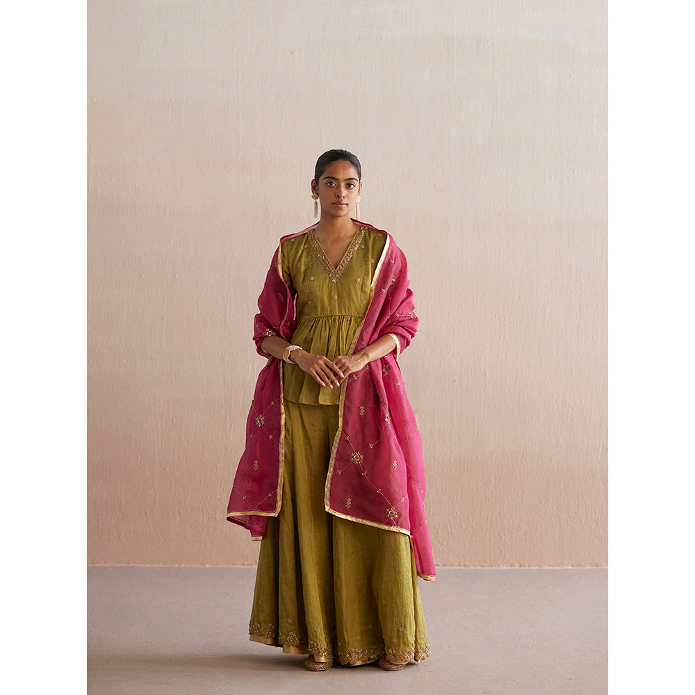 WeaverStory Izhaar Chartreuse Green Cotton Tissue Kurta with Skirt and Dupatta (Set of 3)