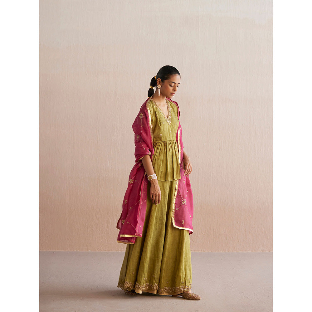 WeaverStory Izhaar Chartreuse Green Cotton Tissue Kurta with Skirt and Dupatta (Set of 3)