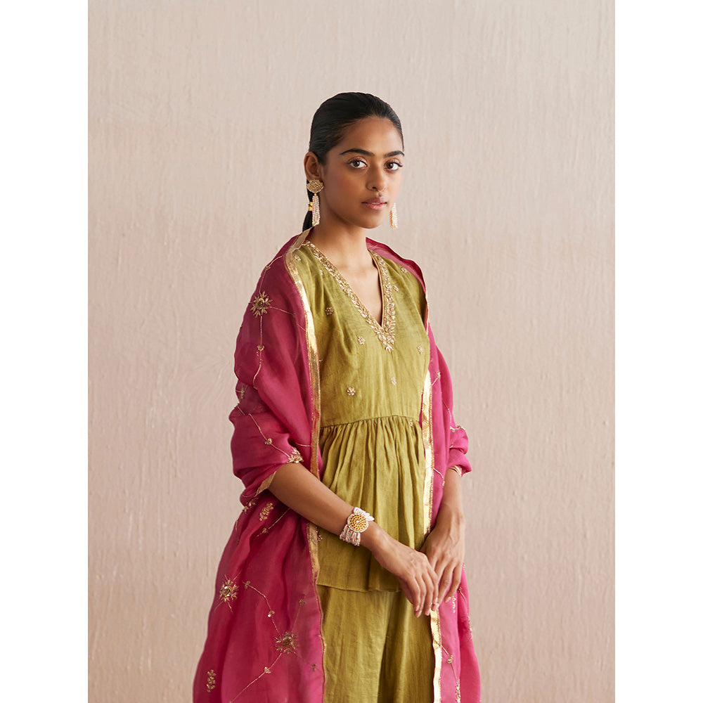 WeaverStory Izhaar Chartreuse Green Cotton Tissue Kurta with Skirt (Set of 2)