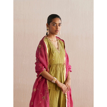 WeaverStory Izhaar Chartreuse Green Cotton Tissue Kurta with Skirt (Set of 2)