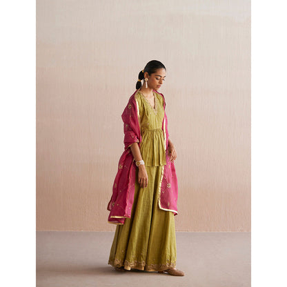 WeaverStory Izhaar Chartreuse Green Cotton Tissue Kurta with Skirt (Set of 2)