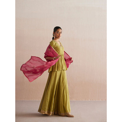 WeaverStory Izhaar Chartreuse Green Cotton Tissue Kurta with Skirt (Set of 2)