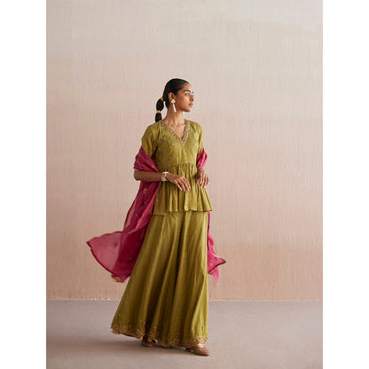 WeaverStory Izhaar Chartreuse Green Cotton Tissue Kurta with Skirt (Set of 2)