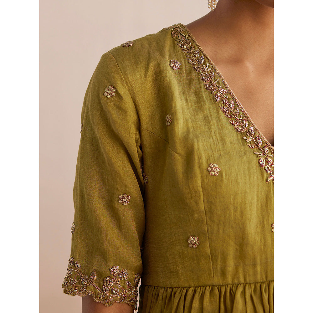 WeaverStory Izhaar Chartreuse Green Cotton Tissue Kurta with Skirt (Set of 2)