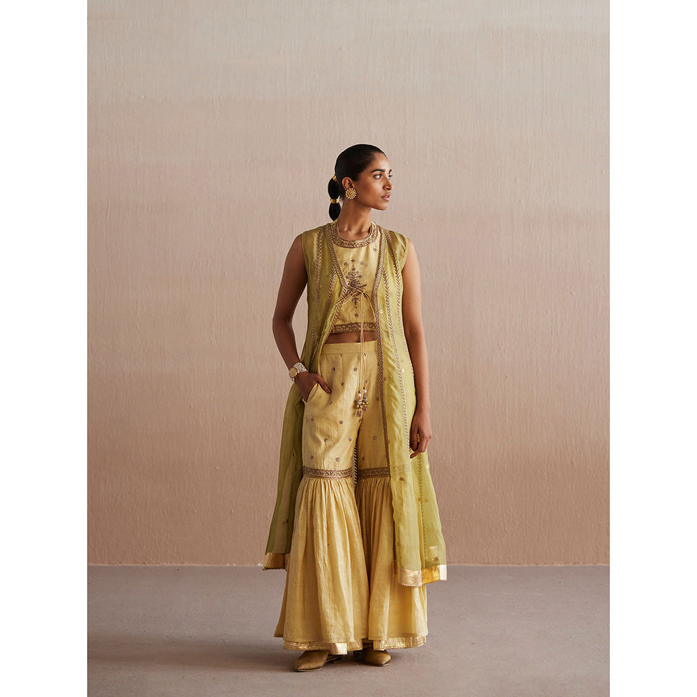 WeaverStory Zehenaseeb Off White Cotton Tissue Crop Top with Gharara and Cape (Set of 3)